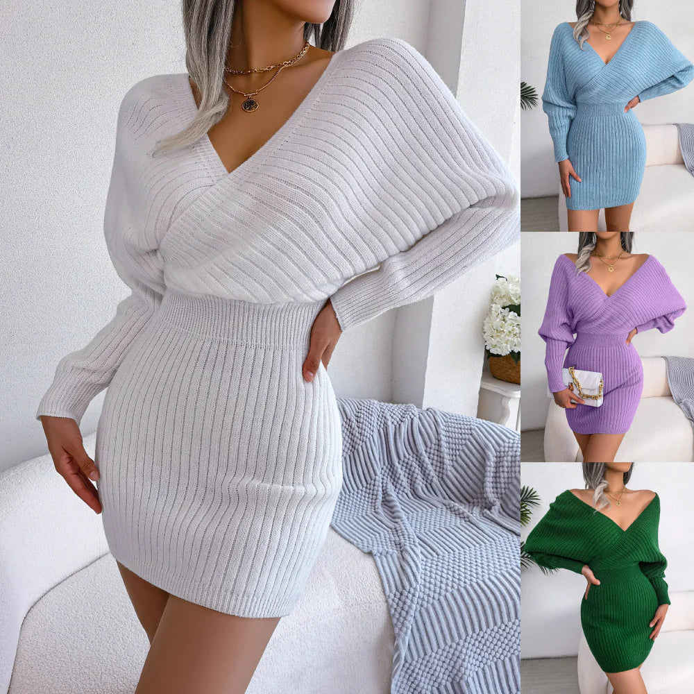 Women’s V-Neck Knit Dress | Elegant Batwing Sleeve Fit