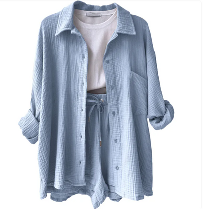 Wrinkled Fabric Lapel Shirt and Shorts Casual Set