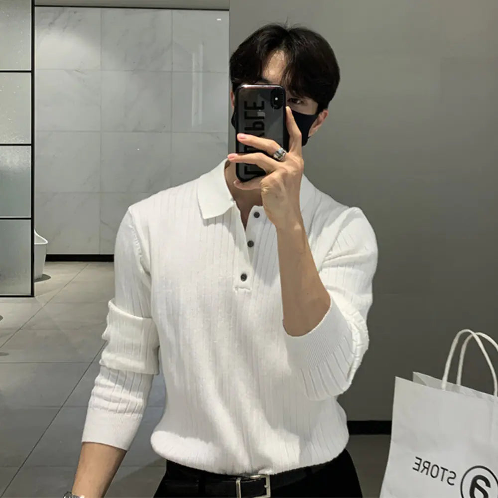 Men's French Style Knitted Polo Shirt with Lapel Design