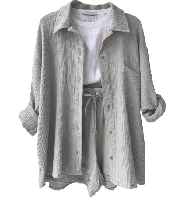 Wrinkled Fabric Lapel Shirt and Shorts Casual Set