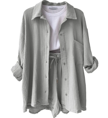 Wrinkled Fabric Lapel Shirt and Shorts Casual Set