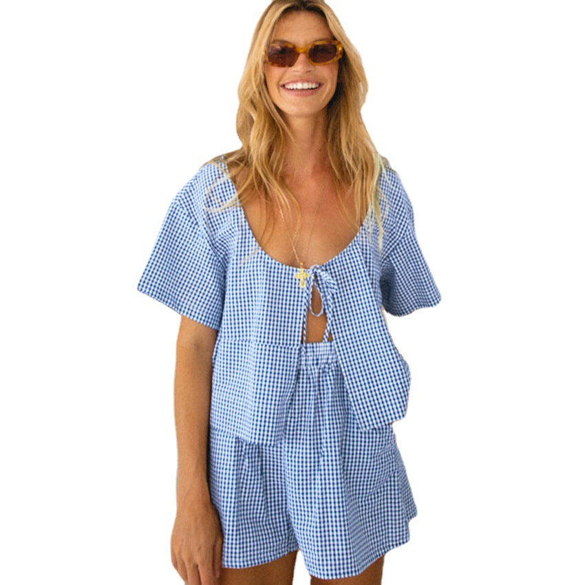 Summer Loose Tie Top and Shorts Pajama Set