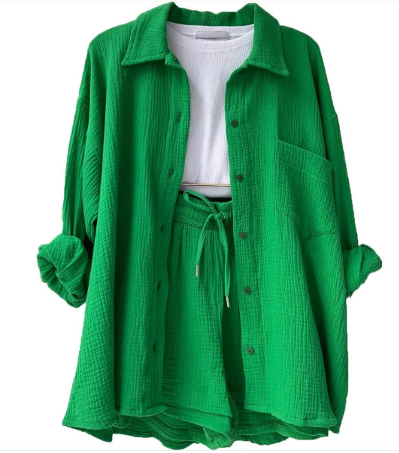 Wrinkled Fabric Lapel Shirt and Shorts Casual Set