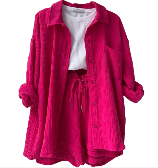 Wrinkled Fabric Lapel Shirt and Shorts Casual Set