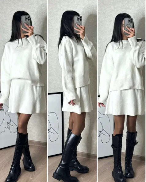 Chic Knit Sweater Skirt Set – Two-Piece Long-Sleeve Pullover