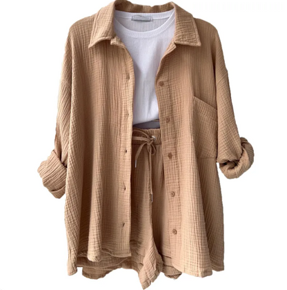 Wrinkled Fabric Lapel Shirt and Shorts Casual Set