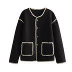 Women’s Autumn Color Block Knit Sweater – Buttoned Loose-Fit Jacket