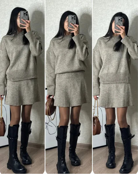 Chic Knit Sweater Skirt Set – Two-Piece Long-Sleeve Pullover