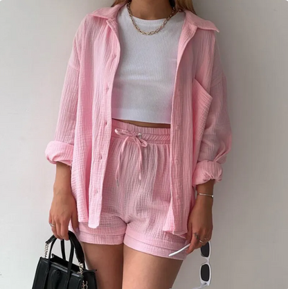 Wrinkled Fabric Lapel Shirt and Shorts Casual Set