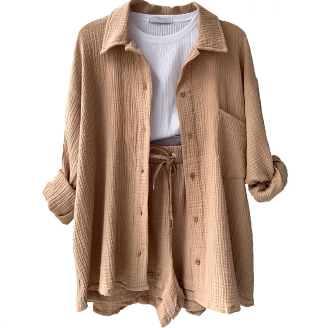 Wrinkled Fabric Lapel Shirt and Shorts Casual Set