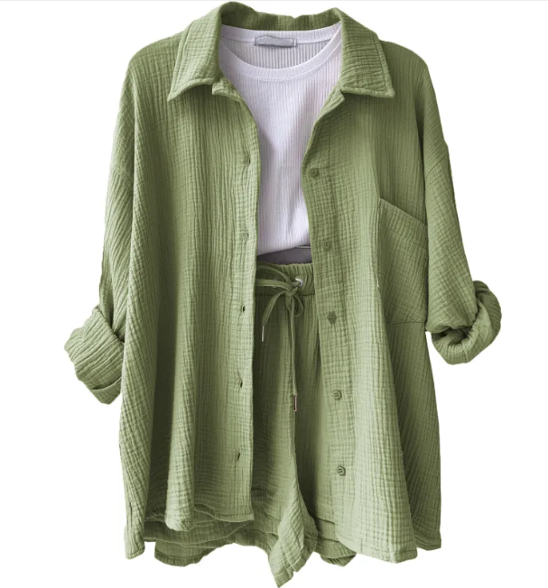 Wrinkled Fabric Lapel Shirt and Shorts Casual Set