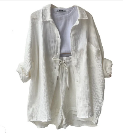 Wrinkled Fabric Lapel Shirt and Shorts Casual Set