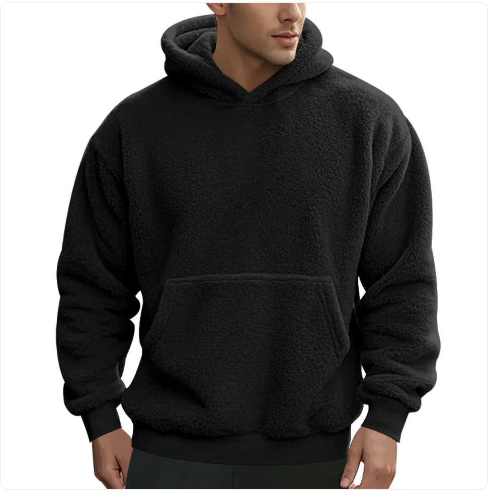 Men’s Double-Sided Velvet Loose Sweater – Soft Pullover Hoodie with Patch Pocket