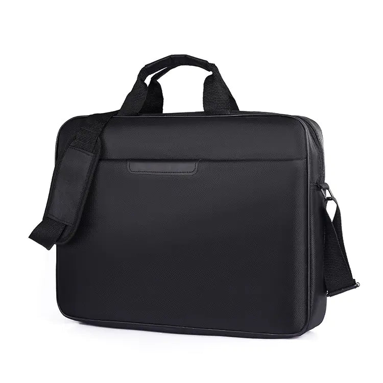Black briefcase with shoulder strap on a white background