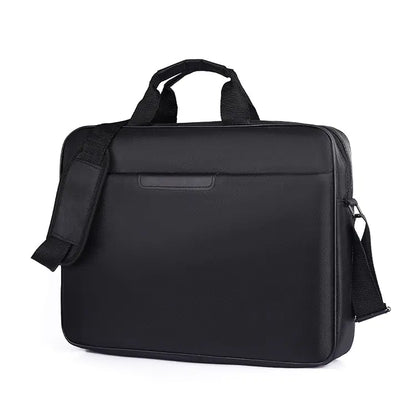 Black briefcase with shoulder strap on a white background