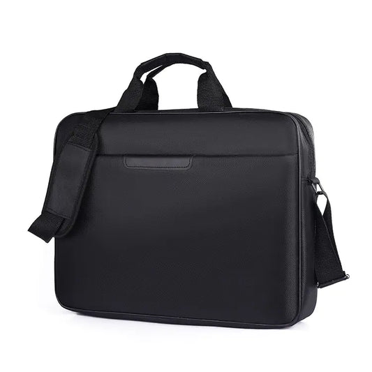 Black briefcase with shoulder strap on a white background