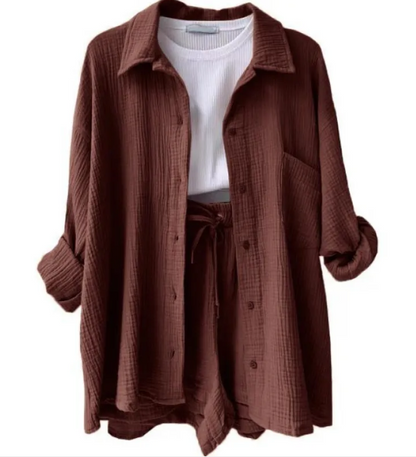 Wrinkled Fabric Lapel Shirt and Shorts Casual Set