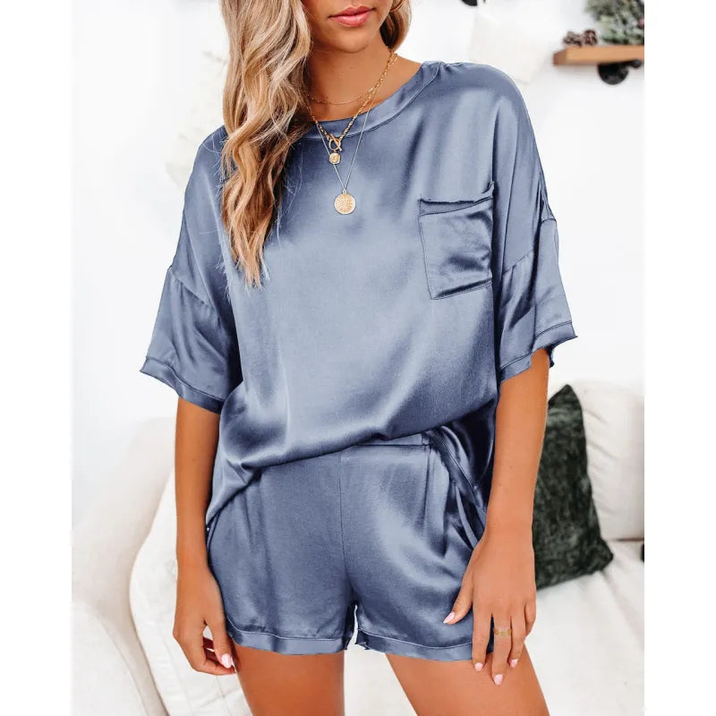 Silk Short-Sleeve Pajama Set – Lightweight Chiffon Blend Loungewear