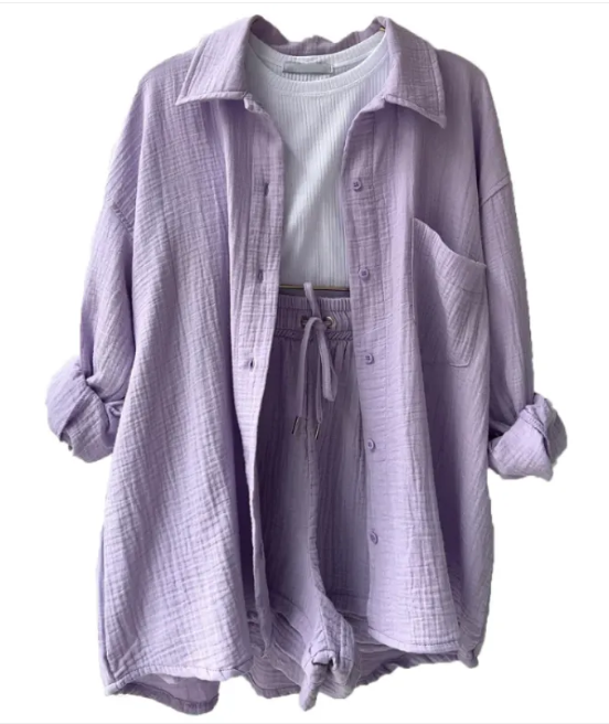 Wrinkled Fabric Lapel Shirt and Shorts Casual Set