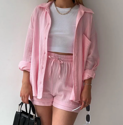 Wrinkled Fabric Lapel Shirt and Shorts Casual Set