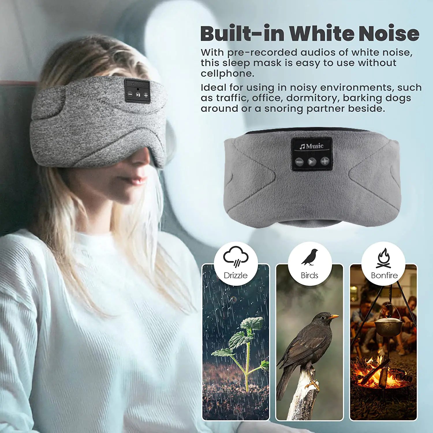 Bluetooth White Noise Sleep Eye Mask – 20 Sounds, Music & 100% Light Blocking