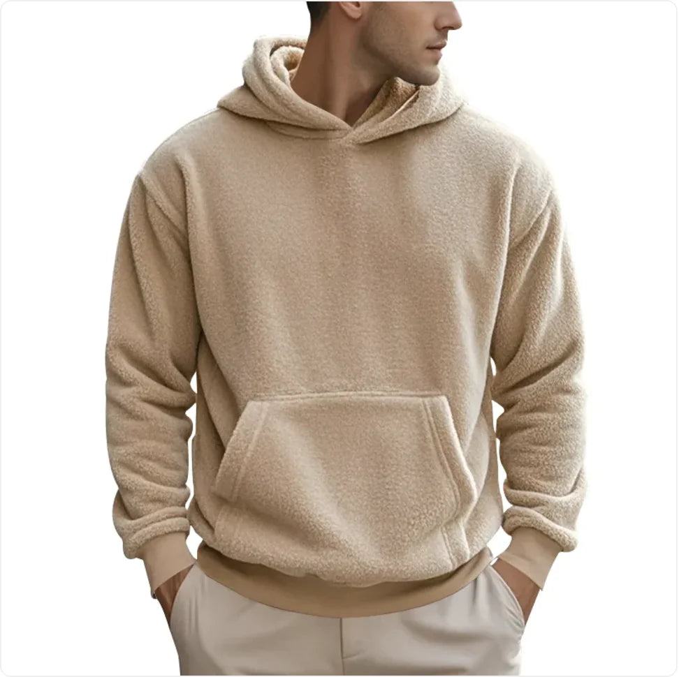 Men’s Double-Sided Velvet Loose Sweater – Soft Pullover Hoodie with Patch Pocket