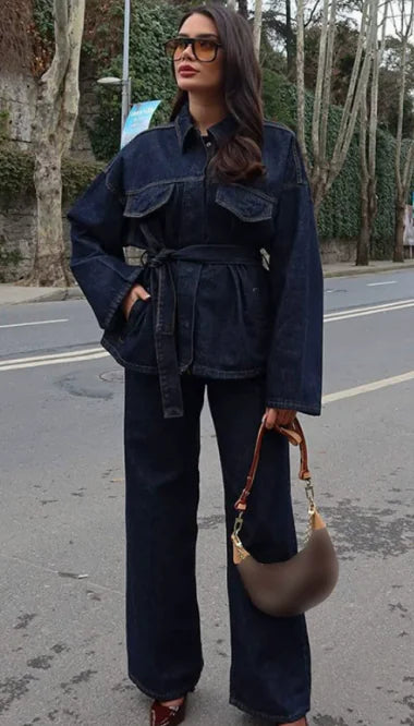 Vintage Denim Jacket and Pants Set – Timeless Two-Piece Outfit with Trendy Lacing Accents