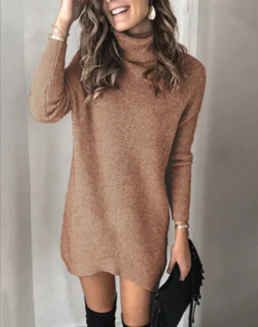Hollow Knit Sweater Dress – Women’s Long Sleeve Cotton-Blend Knit Dress with Lapel Collar