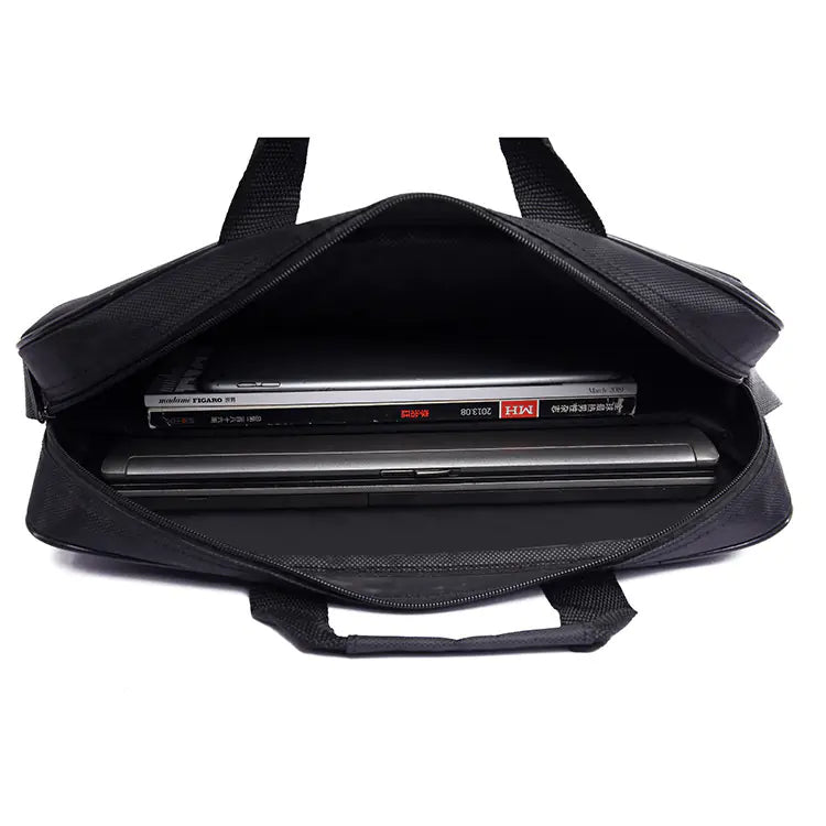 Black laptop bag with multiple laptops inside on a white background