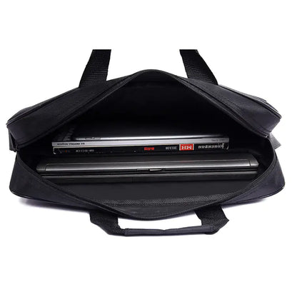 Black laptop bag with multiple laptops inside on a white background