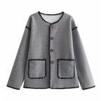 Women’s Autumn Color Block Knit Sweater – Buttoned Loose-Fit Jacket