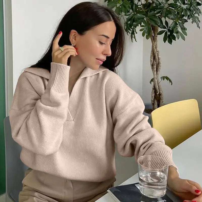 Women’s Knit Polo Neck Pullover – Solid Color All-Season Casual Sweater