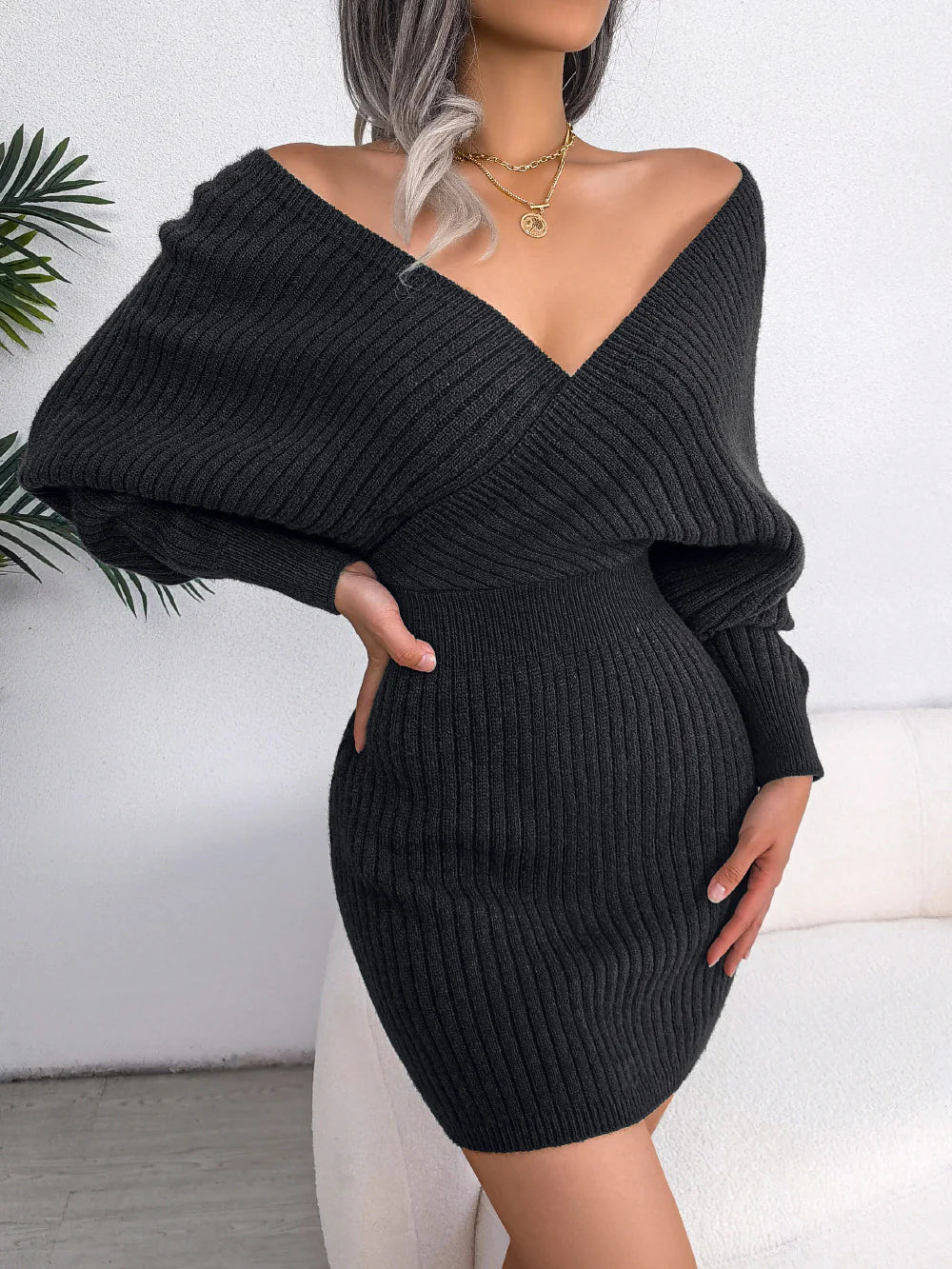 V-Neck Sheath Dress – Women’s Batwing Sleeve Acrylic Bodycon Dress