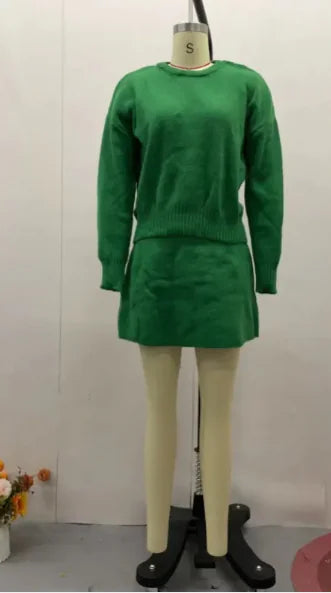 Chic Knit Sweater Skirt Set – Two-Piece Long-Sleeve Pullover