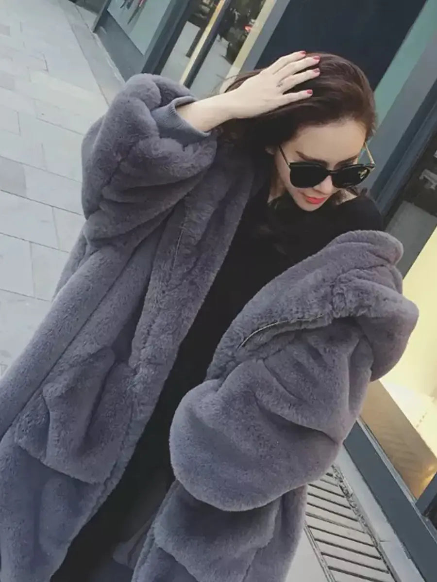 Faux Rabbit Hooded Fur Jacket & Vest Combo – Soft, Stylish Faux Fur Coat for Women