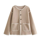 Women’s Autumn Color Block Knit Sweater – Buttoned Loose-Fit Jacket