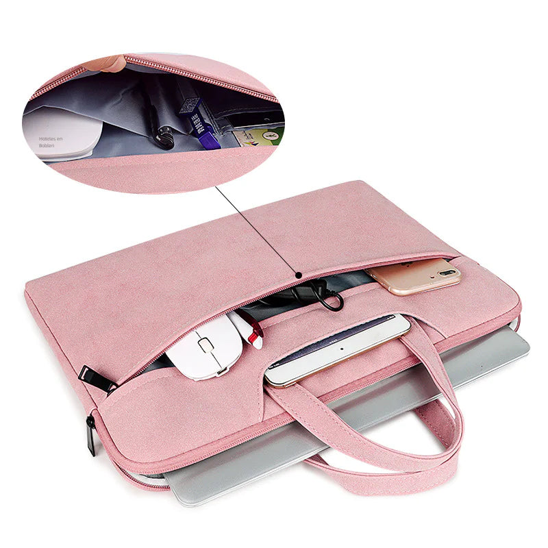 Pink laptop bag with compartments for electronic devices on a white background