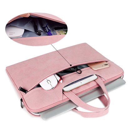 Pink laptop bag with compartments for electronic devices on a white background