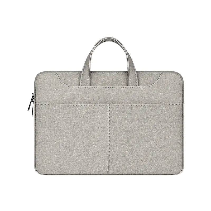 Gray laptop sleeve with handles on a white background