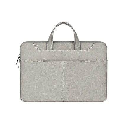 Gray laptop sleeve with handles on a white background
