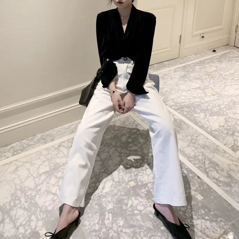 Autumn Women’s Two-Piece Wide Leg Suit – Chic Black Shirt & White Wide-Leg Pants Outfit