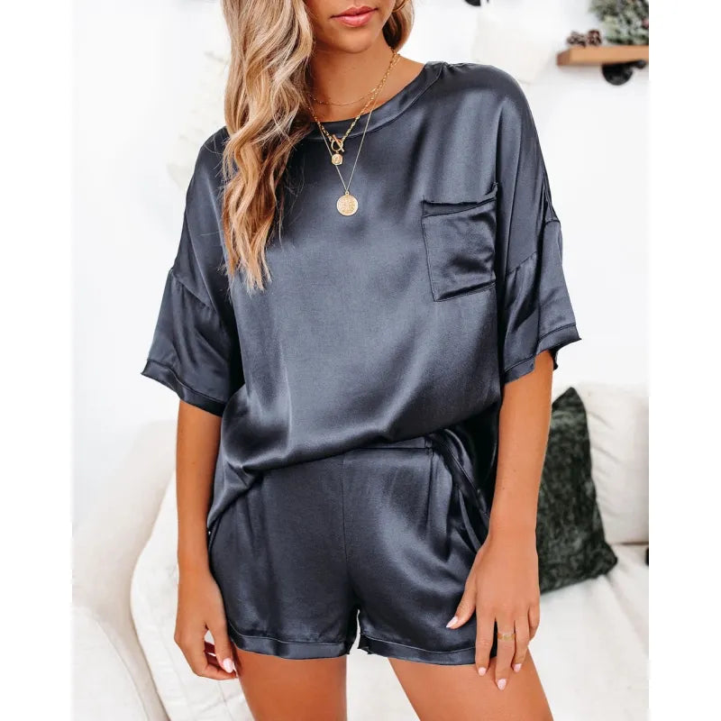 Silk Short-Sleeve Pajama Set – Lightweight Chiffon Blend Loungewear