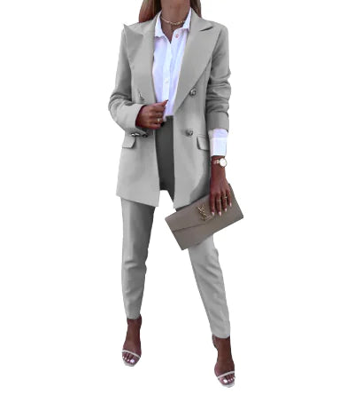 Women’s Solid Color Suit Set – Two-Piece Tailored Jacket & Trousers for Work or Casual Wear