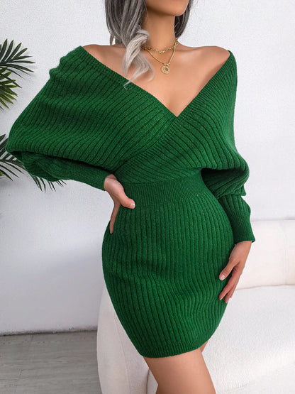 Women’s V-Neck Knit Dress | Elegant Batwing Sleeve Fit