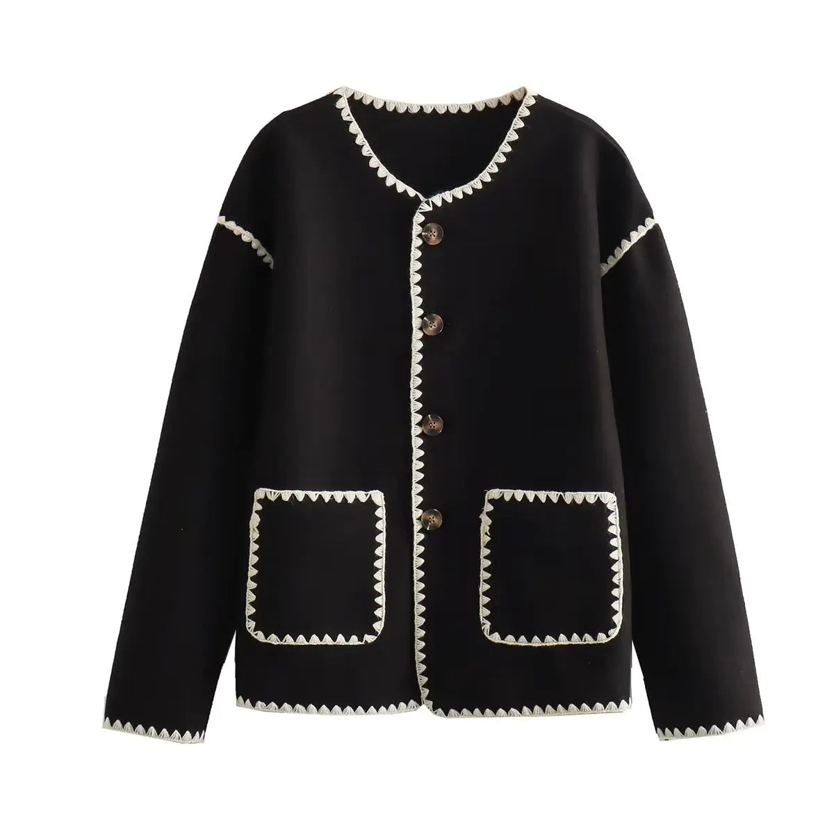 Women’s Autumn Color Block Knit Sweater – Buttoned Loose-Fit Jacket