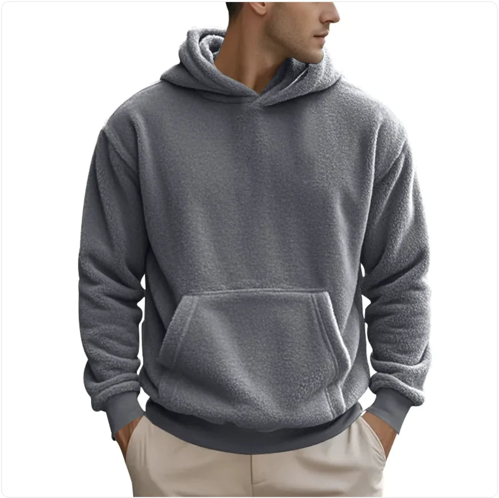 Men’s Double-Sided Velvet Loose Sweater – Soft Pullover Hoodie with Patch Pocket