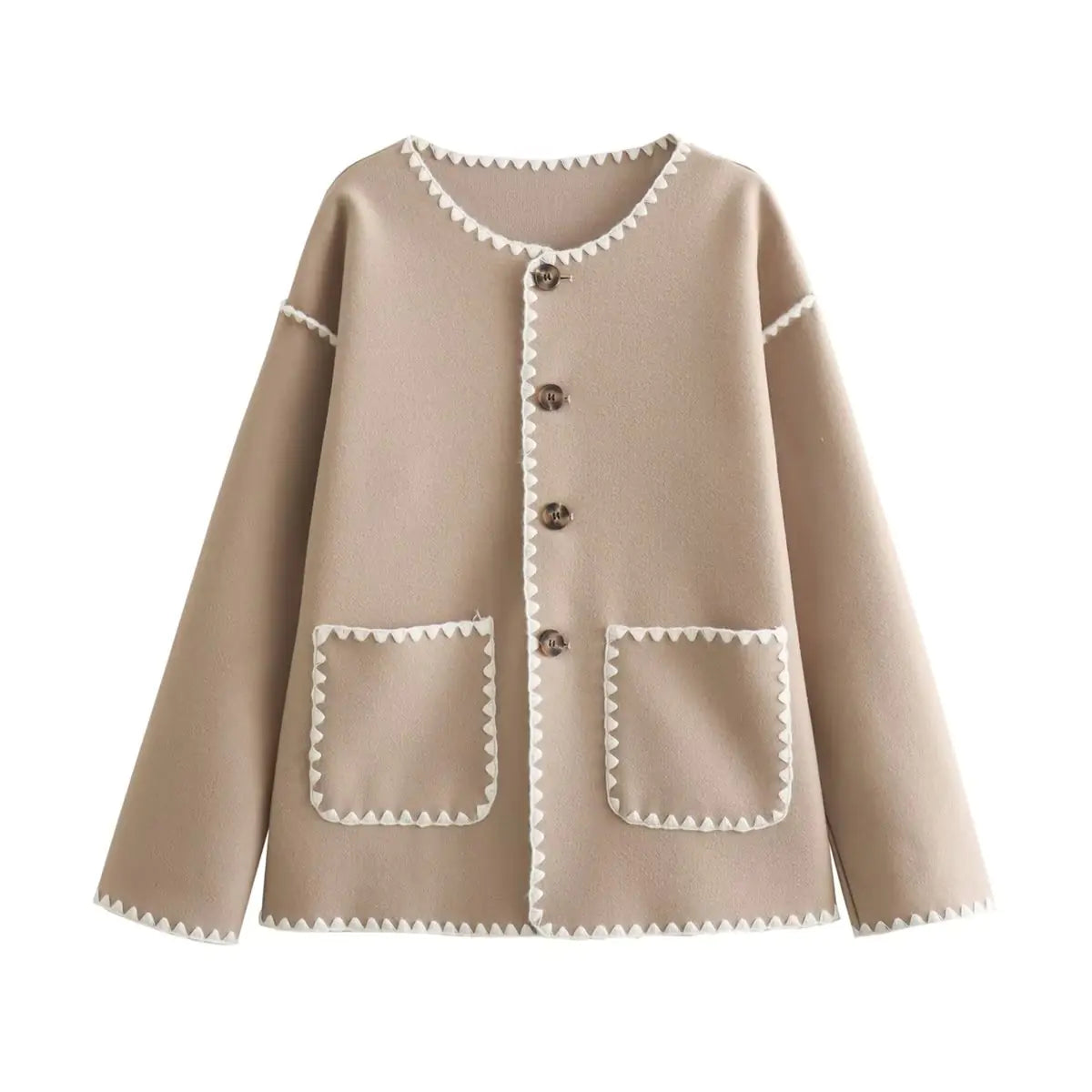 Women’s Autumn Color Block Knit Sweater – Buttoned Loose-Fit Jacket