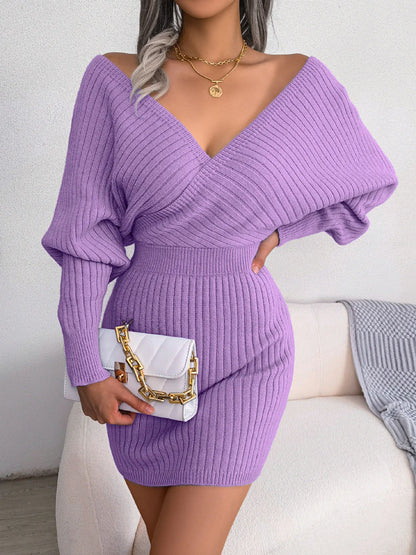 Women’s V-Neck Knit Dress | Elegant Batwing Sleeve Fit