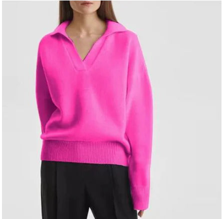 Women’s Knit Polo Neck Pullover – Solid Color All-Season Casual Sweater