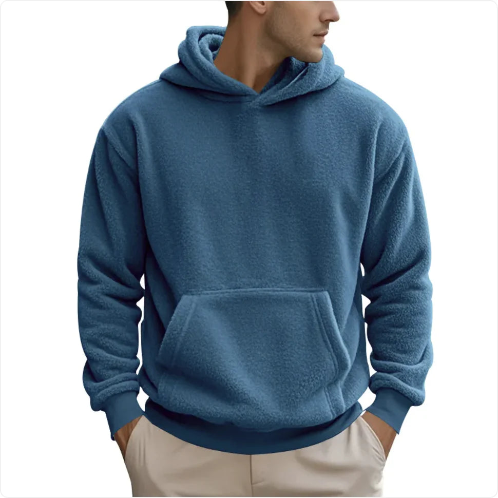 Men’s Double-Sided Velvet Loose Sweater – Soft Pullover Hoodie with Patch Pocket